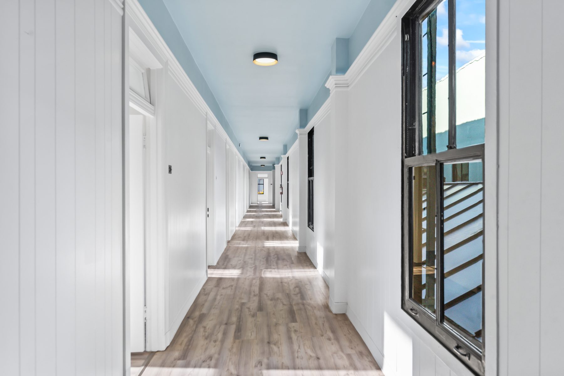 Bright interior hallway at ParkPlace Alameda